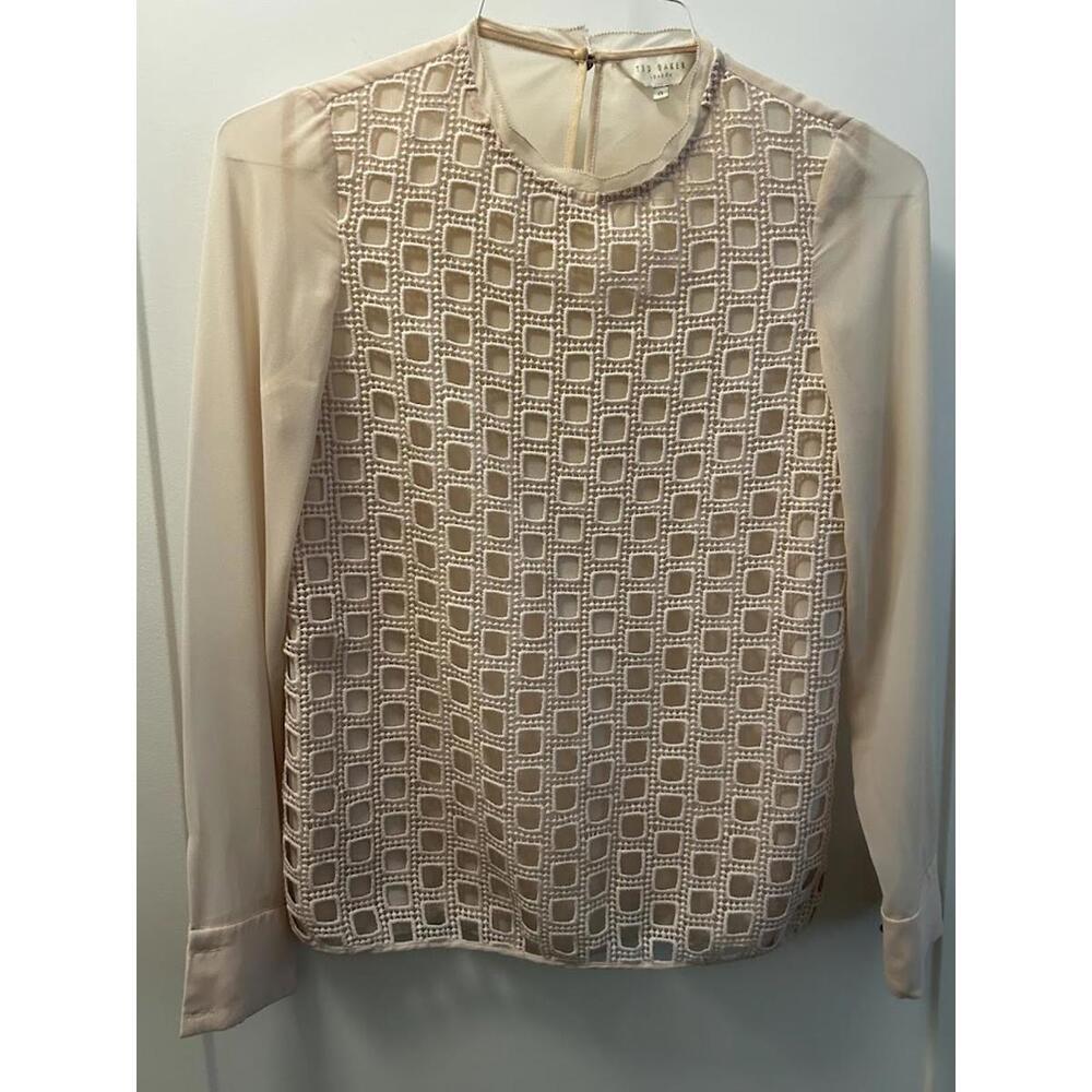 Ted Baker London Nude Geometric Crochet Front Long Sleeve Blouse Size 0